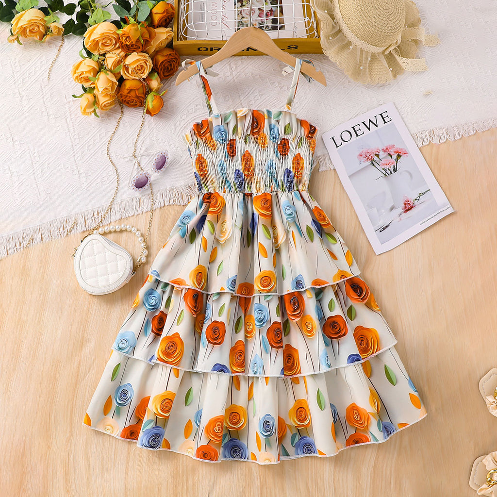 Girls Multicolor Rose Floral Print Sleeveless Smocked Fit & Flare Dress Casual Dresses Multicolor 3-4 Y