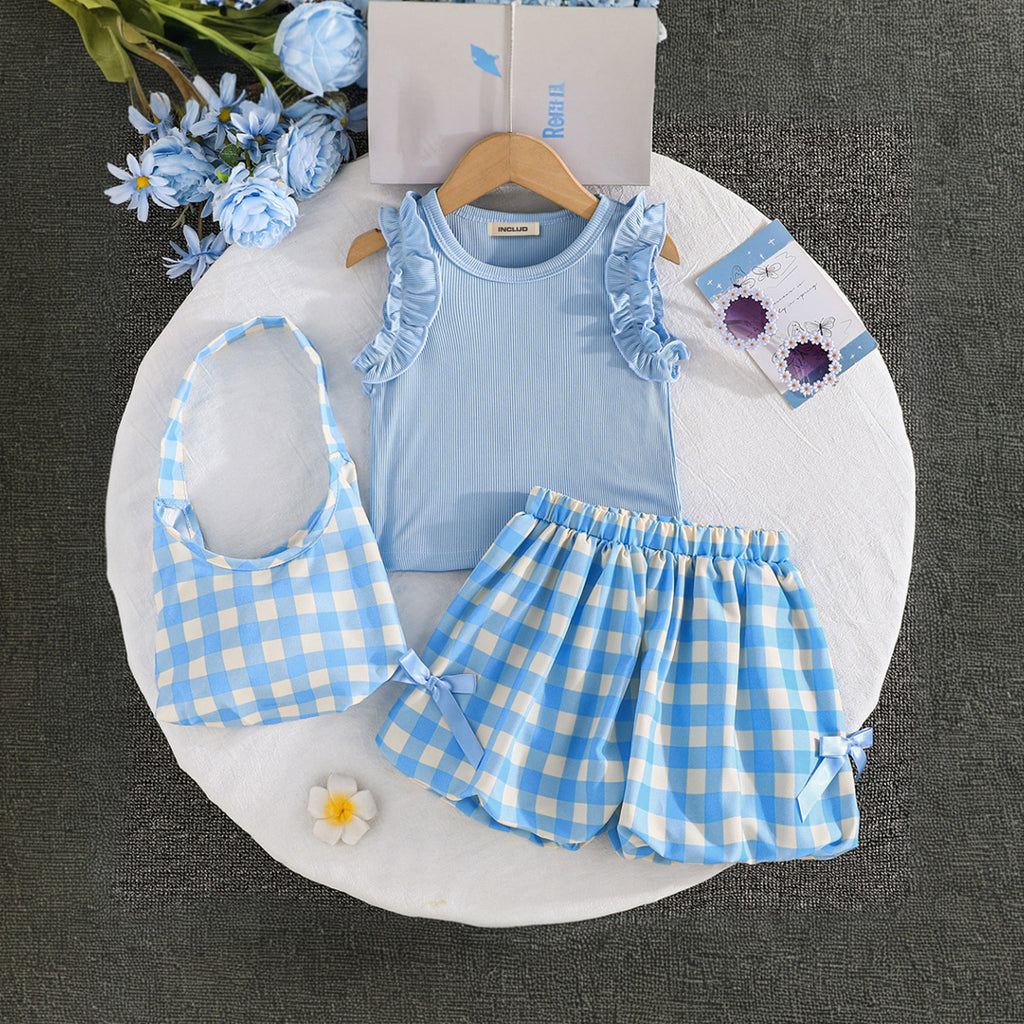 Girls Light Blue Sleeveless Top With Bag And Balloon Shorts Set 2 pc. Sets Light Blue 2-3 Y