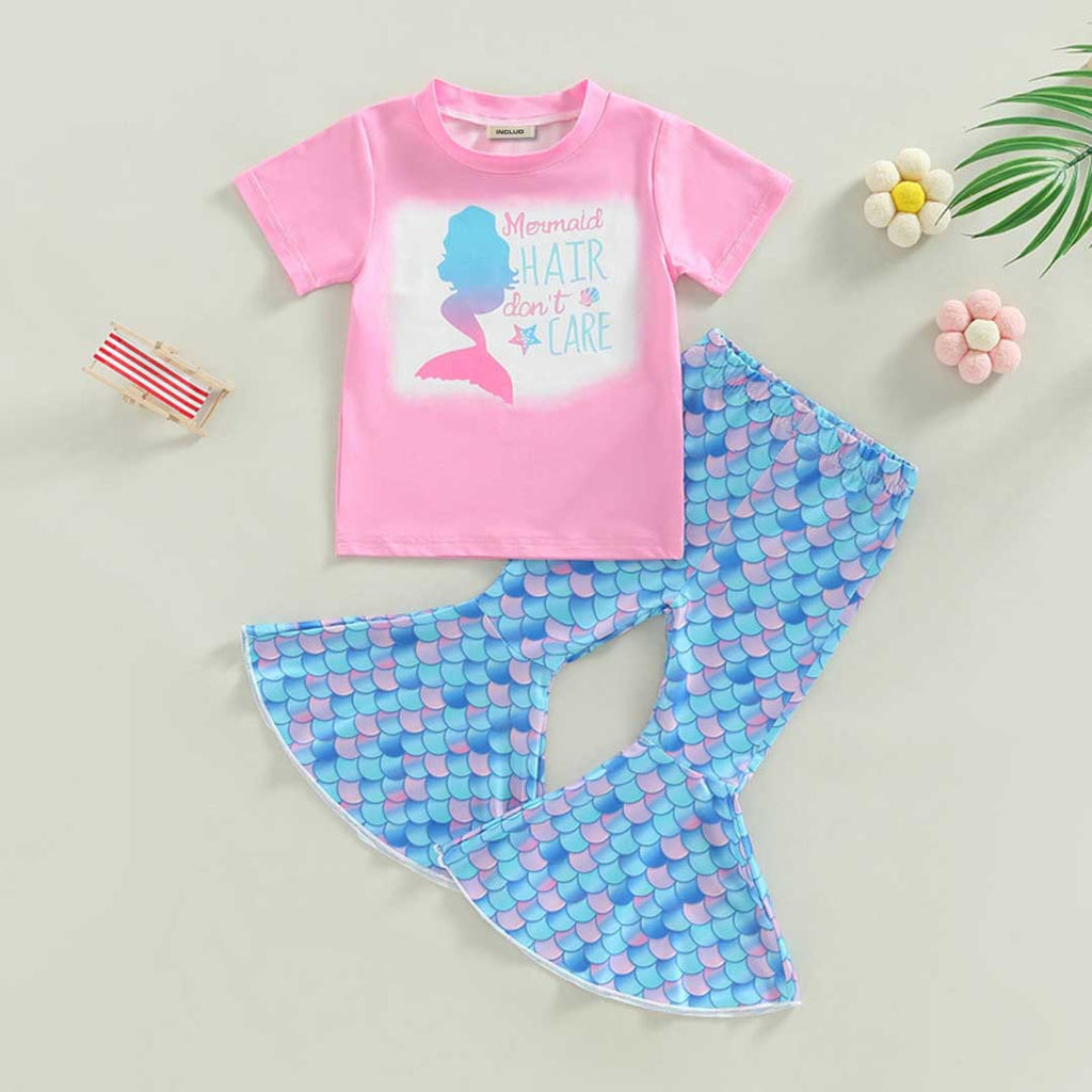 Girls Mermaid Printed T-Shirt With Pants Set 2 pc. Sets Blue 1-2 Y 