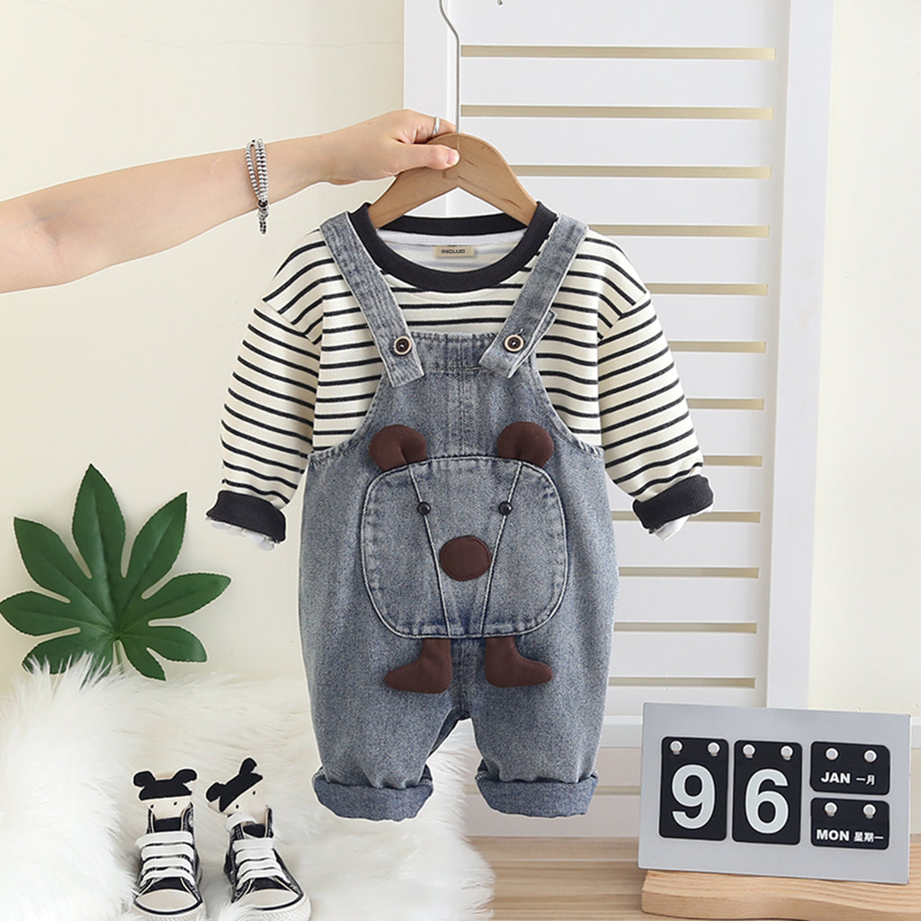 Boys Black Stripes T-Shirt With Denim Dungaree Set 2 pc. Sets Black 1-2 Y