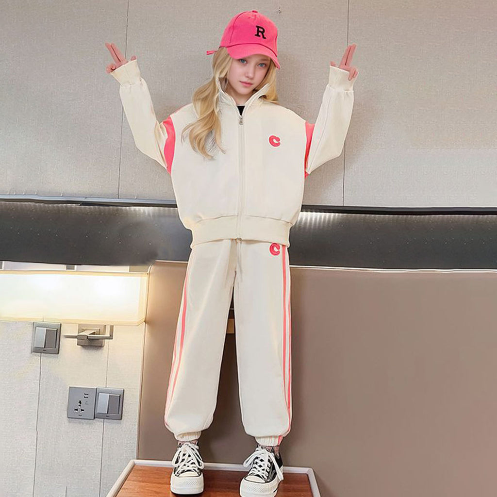 Girls Apricot Solid Front Zipper Jacket With Jogger Winter Co-ord Set 2 pc. Sets Apricot 5-6 Y