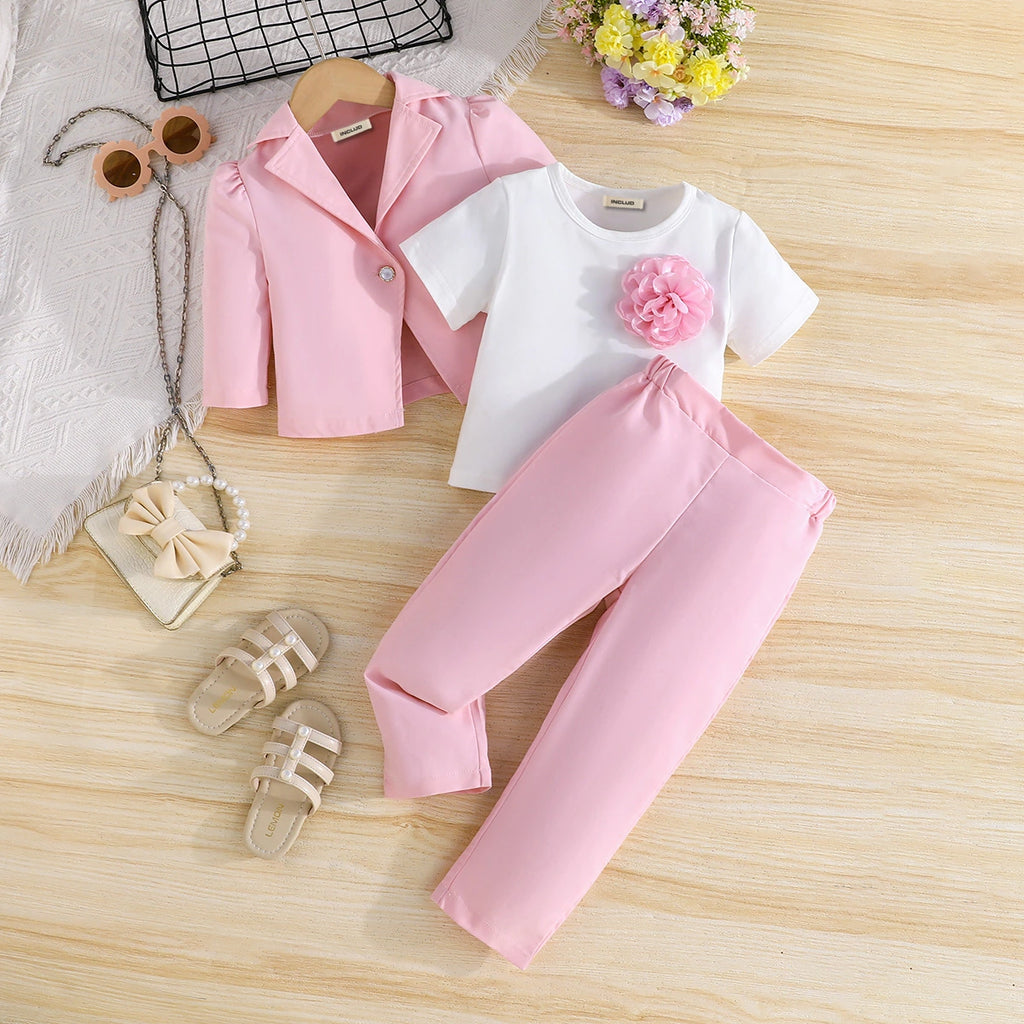 Girls Pink Blazer With Knit Top & Pant Sets Sets Pink 2-3 Y