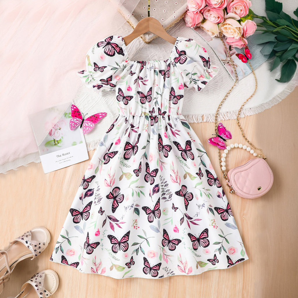 Girls Butterfly Printed Puff Sleeves Scoop Neck Fit & Flare Dress Casual Dresses