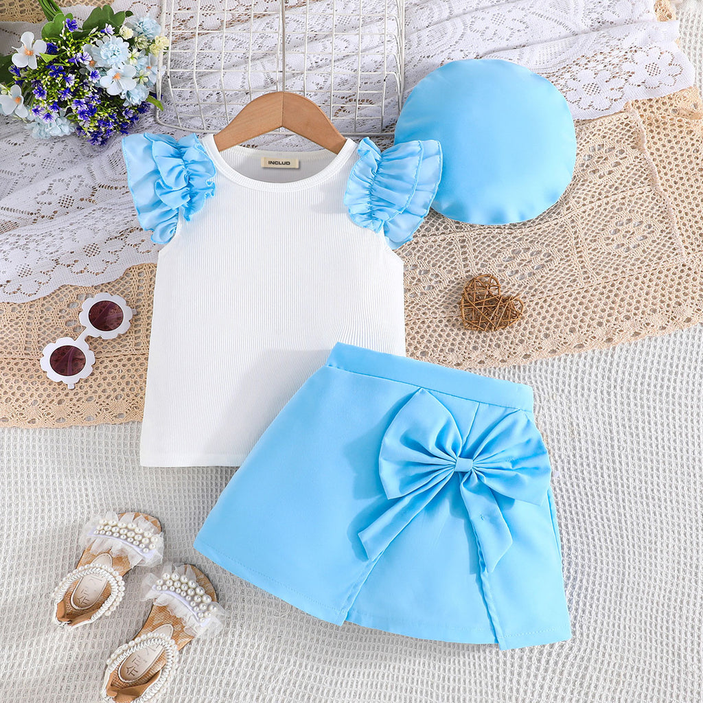 Girls Sleeveless Top With Light Blue Cap & Skirt Set Sets Light Blue 1-2 Y