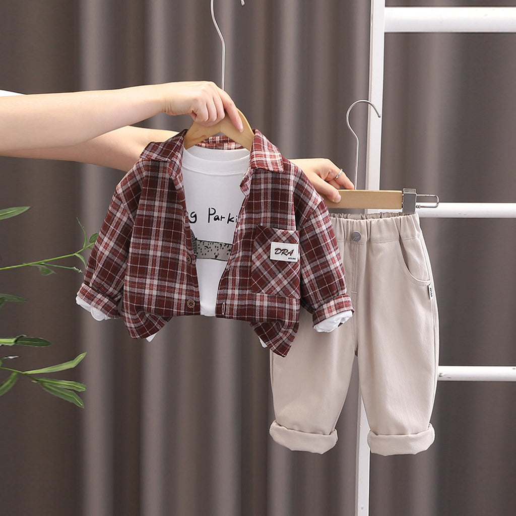 Boys Red Checked Shirt With T-Shirt & Pants Set Sets Red 1-2 Y