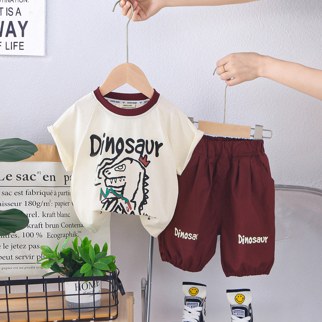 Boys typographic Dinosaur Printed T-Shirt With Maroon Shorts Set 2 pc. Sets Maroon 1-2 Y