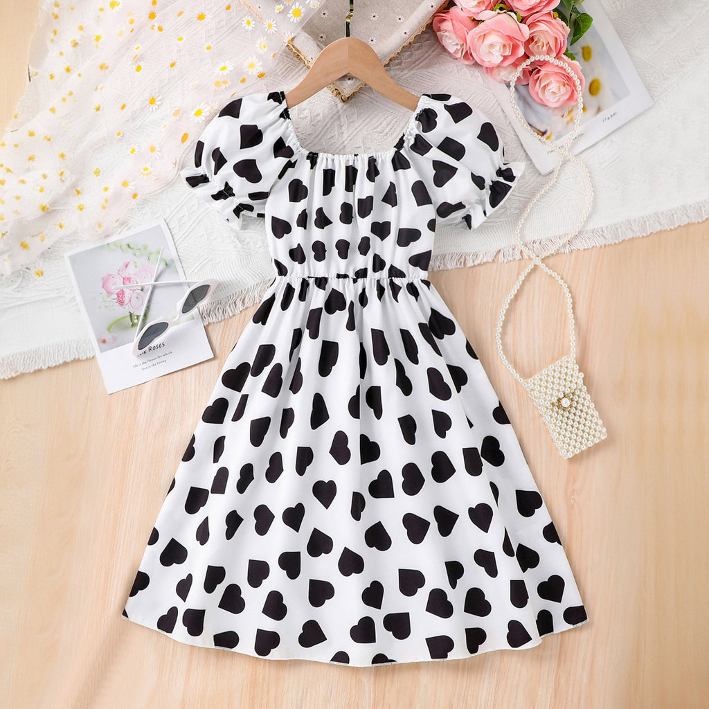 Girls White Heart Printed Puff Sleeves Fit And Flared Summer Casual Dress Casual Dresses White 3-4 Y
