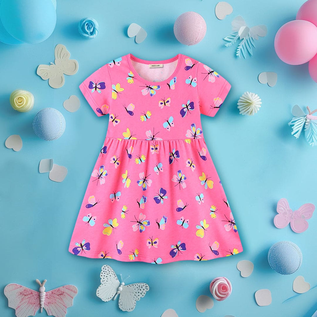 Girls Butterfly Print Casual Short Sleeve Dress Casual Dresses Pink 1-2 Y 