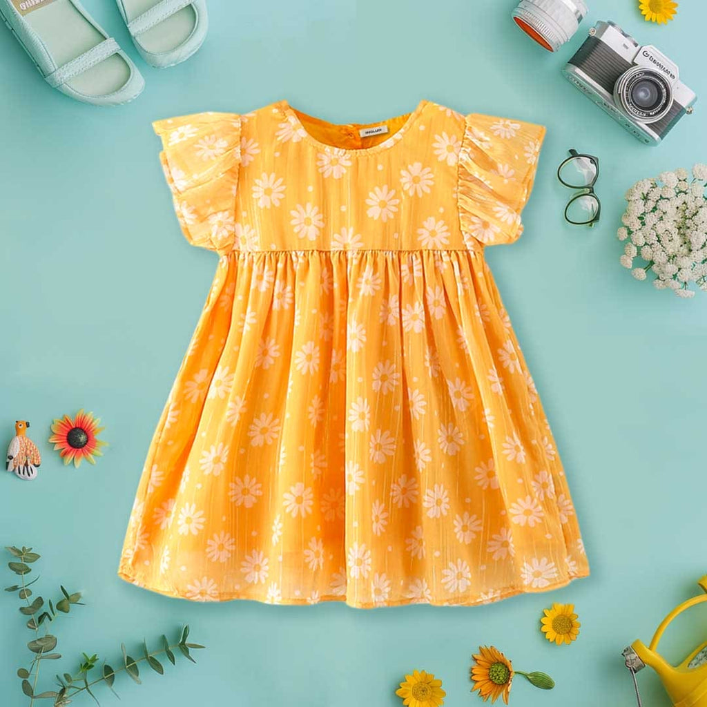 Girls Floral Print Flared Sleeves Dress Casual Dresses Orange 1-2 Y 