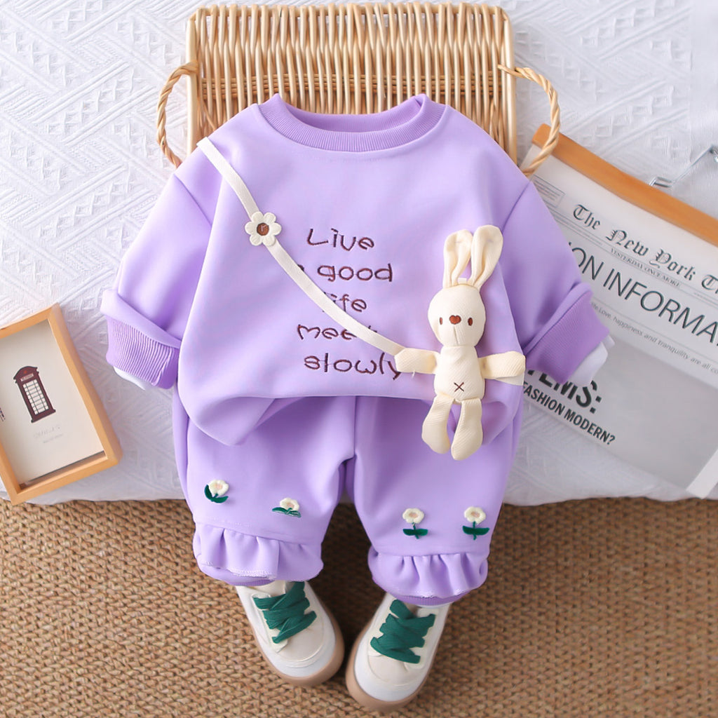 Girls Purple Embroidered Sweatshirt with 3D Attached Toy & Joggers Set Sets Purple 1-2 Y