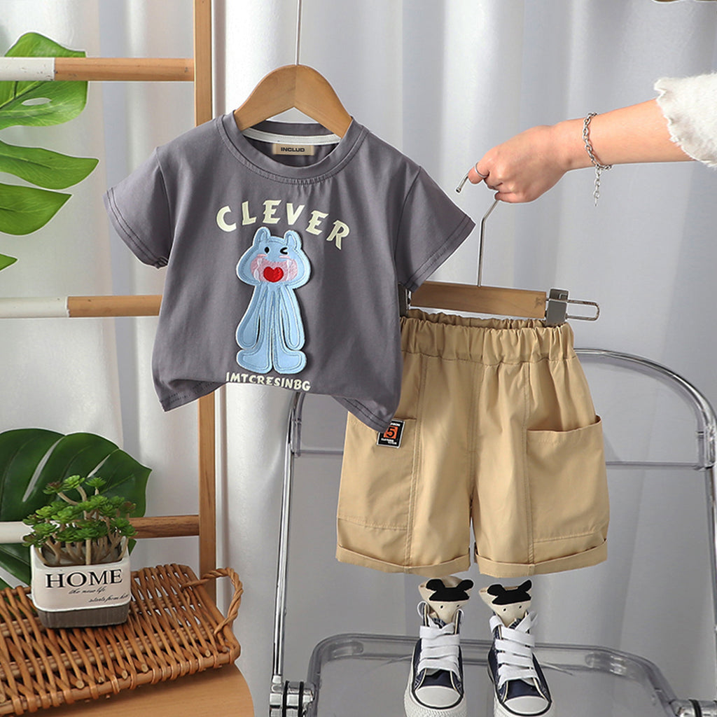 Boys Dark Grey Cartoon Applique Short Sleeves T-Shirt With Shorts Set 2 pc. Sets Dark Grey 1-2 Y
