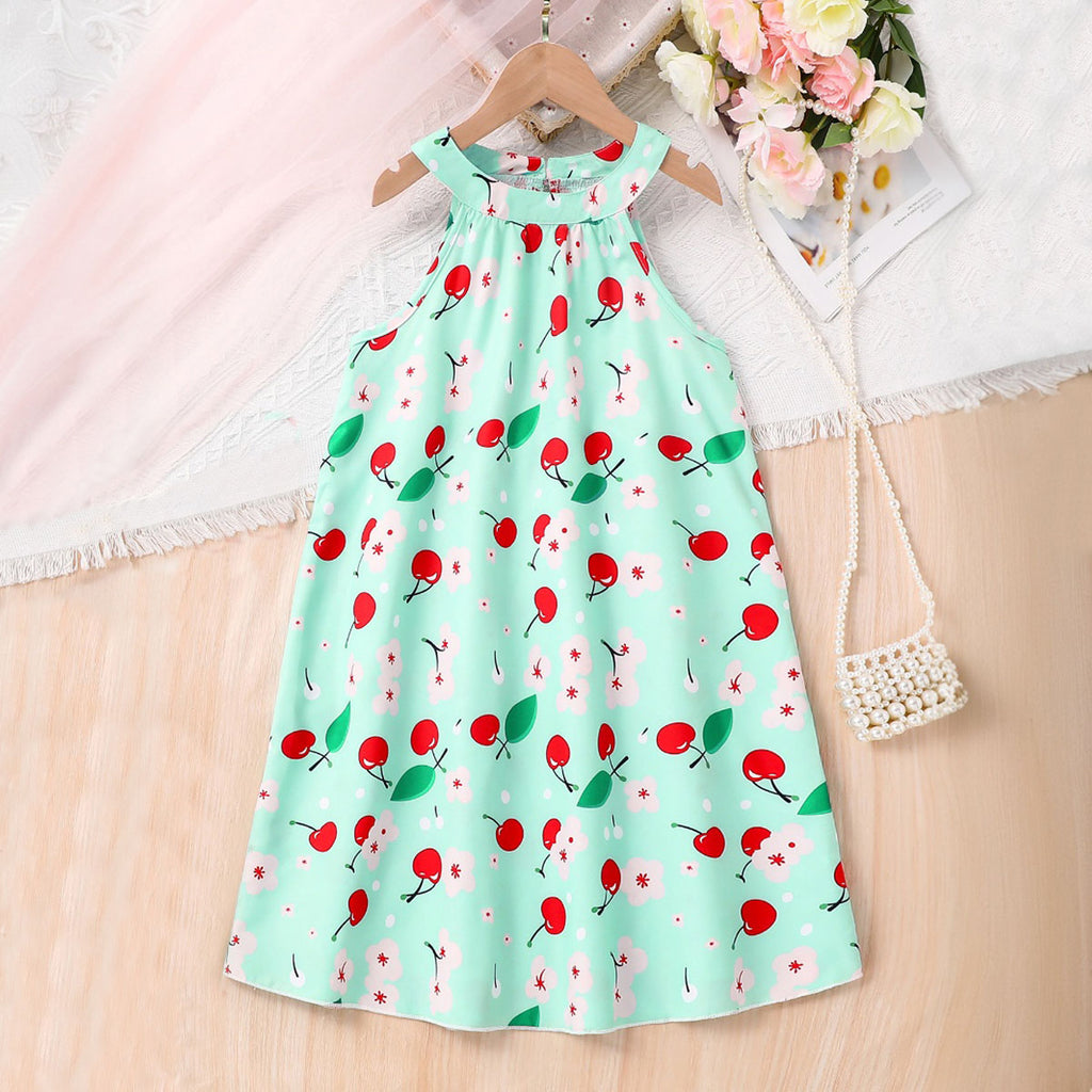 Girls Green Cherry Printed Halter Neck Casual Dress Casual Dresses Green 3-4 Y