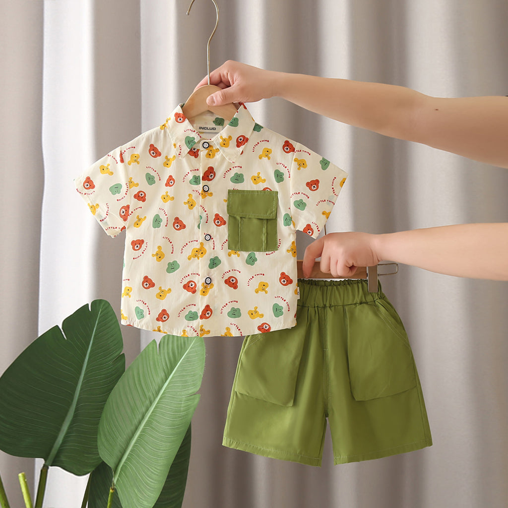Boys Off White Bear Printed Short Sleeves Shirt With Shorts Set 2 pc. Sets Off White 1-2 Y