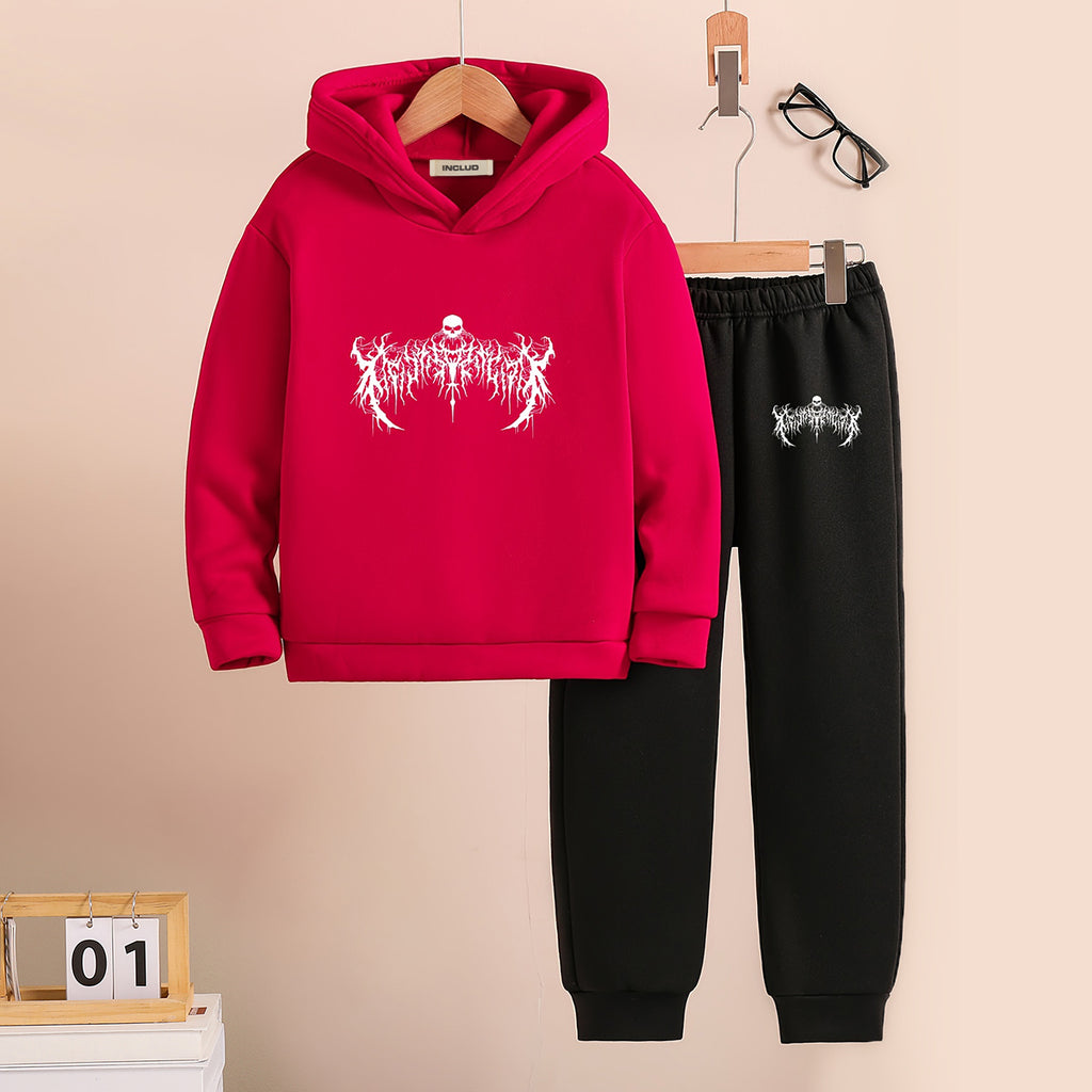 Boys Red Spooky Printed Hooded Sweatshirt with Joggers Set Sets Red 5-6 Y