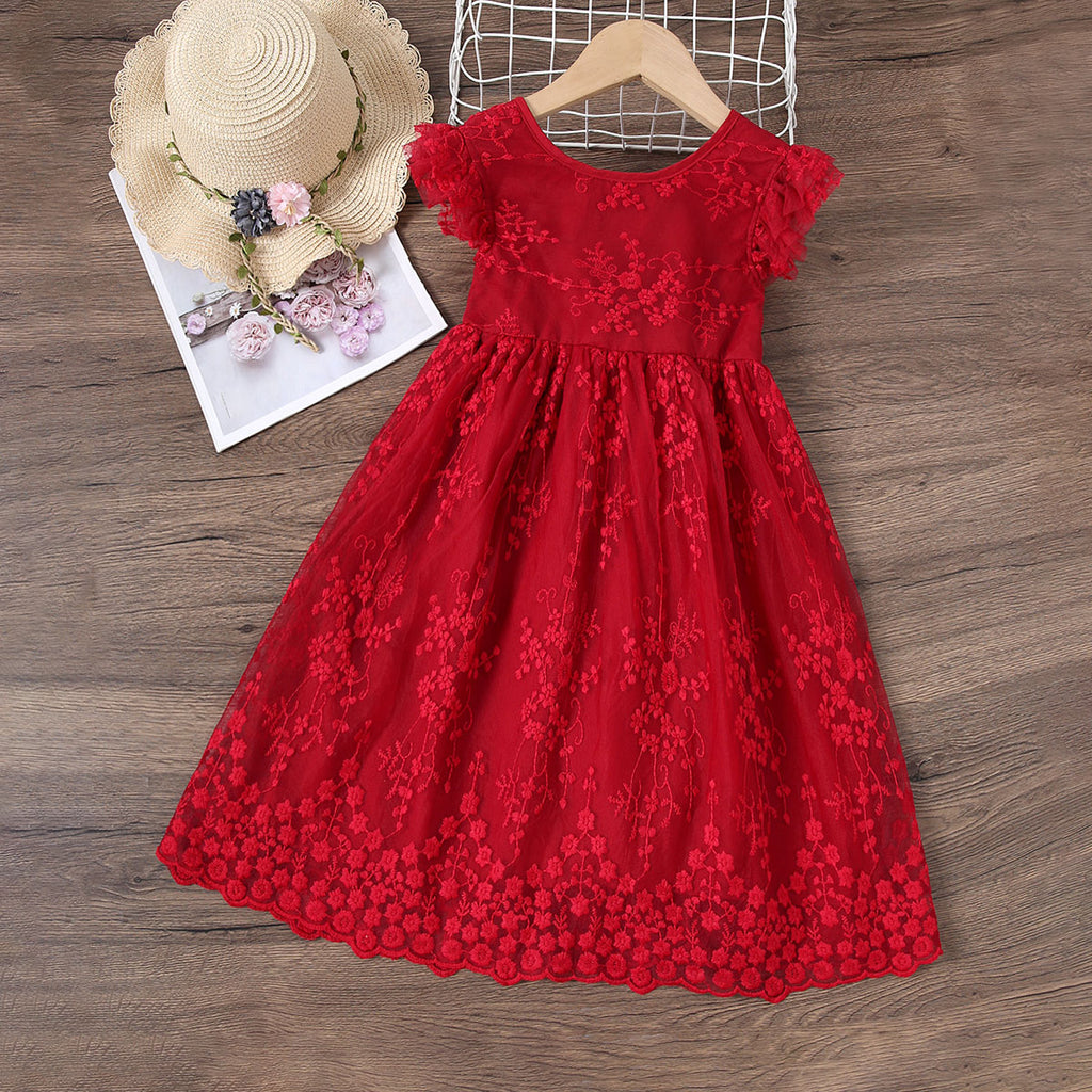 Girls Red Embroidered Flutter Sleeves Fit And Flared Dress Casual Dresses Red 2-3 Y