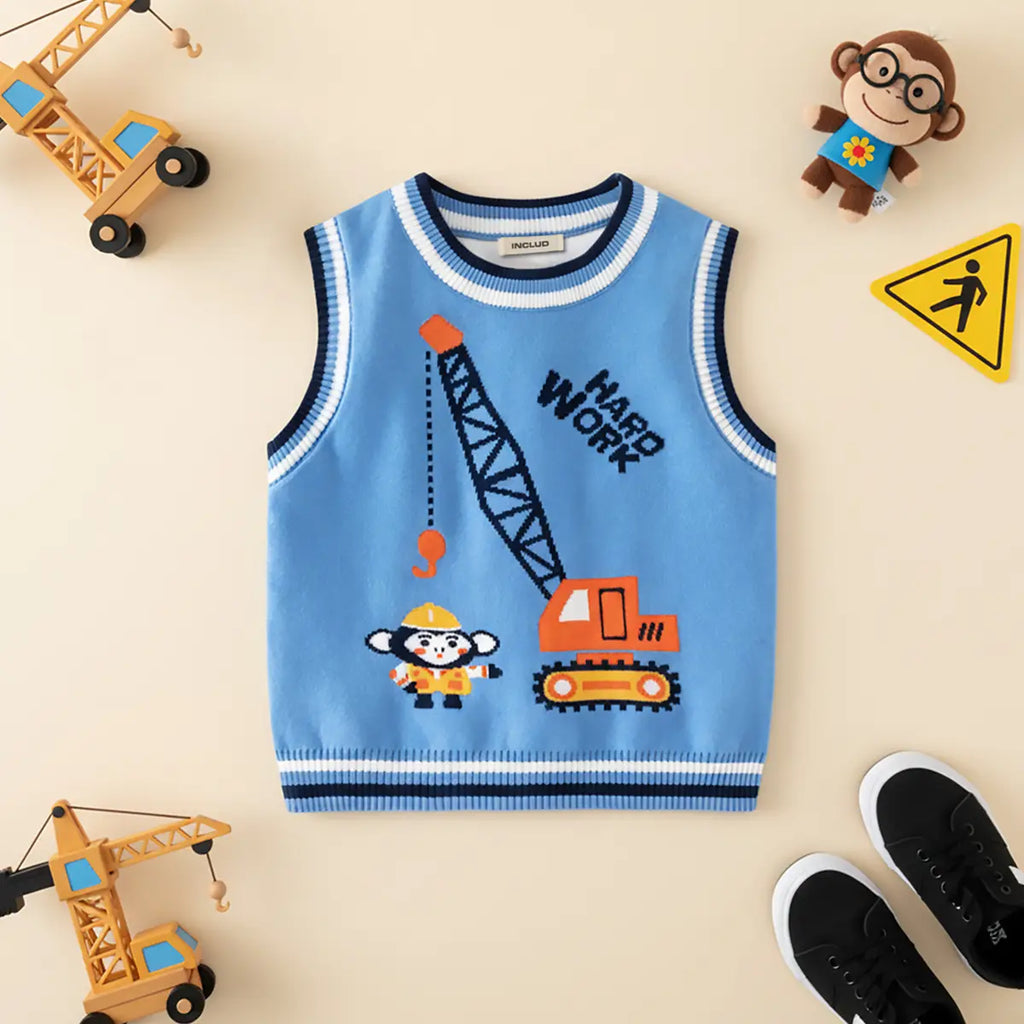 Boys Light Blue Sweater Vest With Self-Design Crane Pattern Sweaters & Cardigans Light Blue 2-3 Y