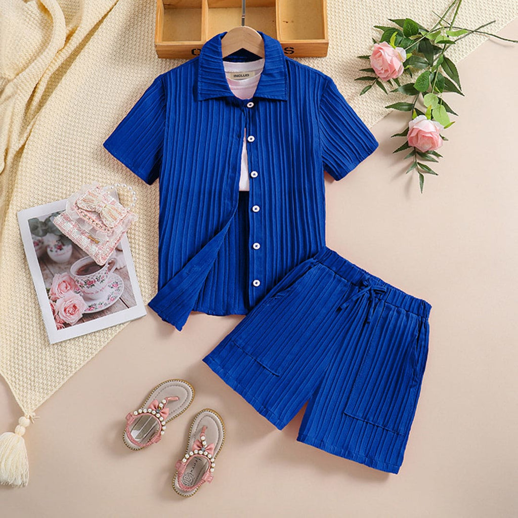 Boys Pleated Shirt With Shorts Set Sets Blue 7-8 Y