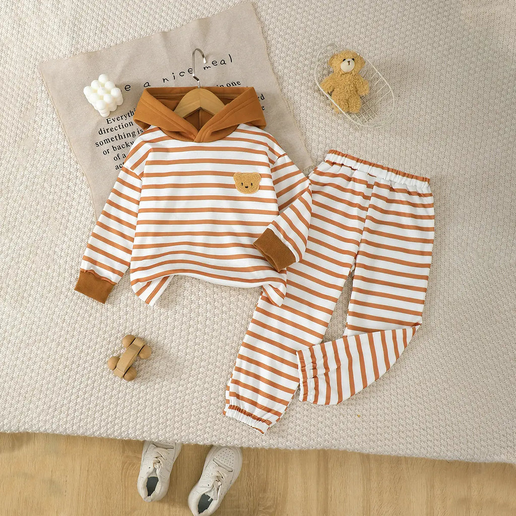 Boys Brown Stripes Hooded T-Shirt With Elasticated Pants Sets 2 pc. Sets Brown 3-4 Y