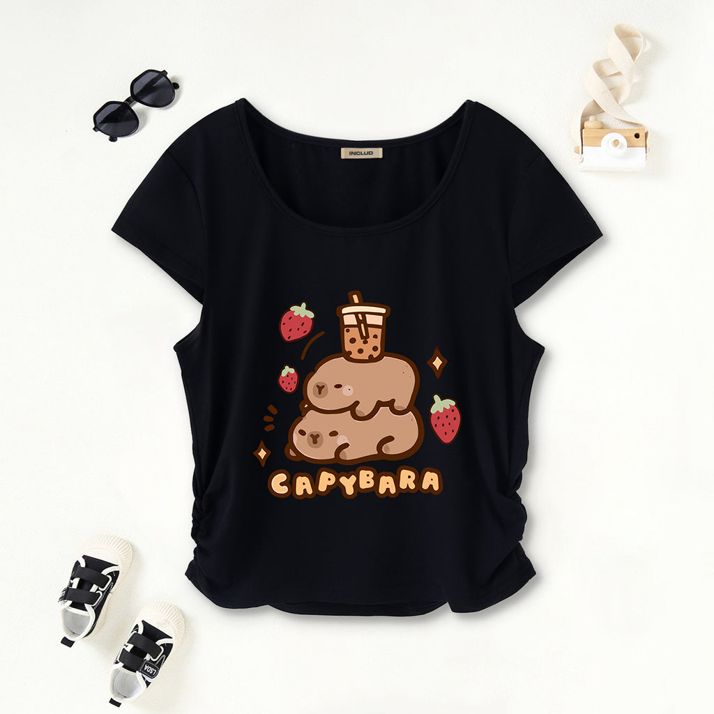 Girls Black Cartoon Printed Short Sleeves Scoop Neck T-Shirt Tshirts Black 7-8 Y
