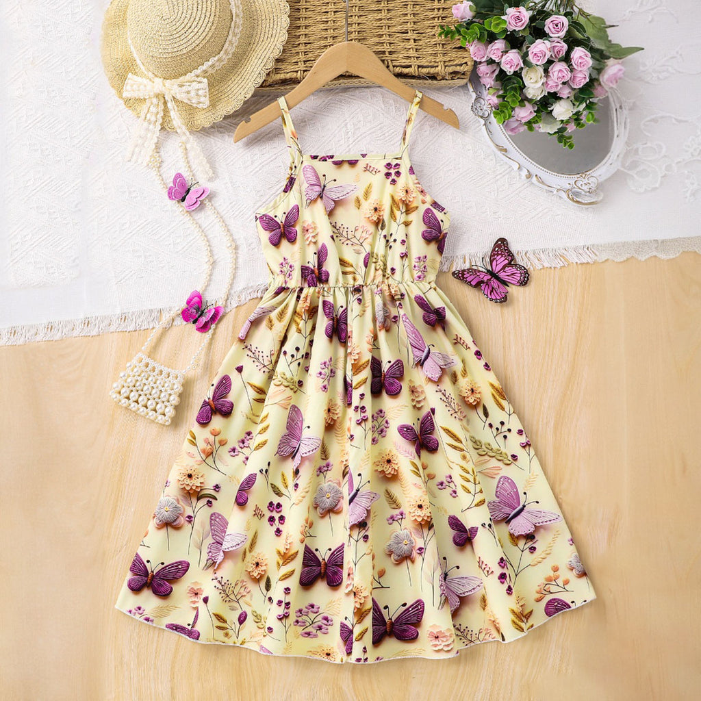 Girls Apricot Butterfly Print Sleeveless Fit & Flare Casual Dress Casual Dresses