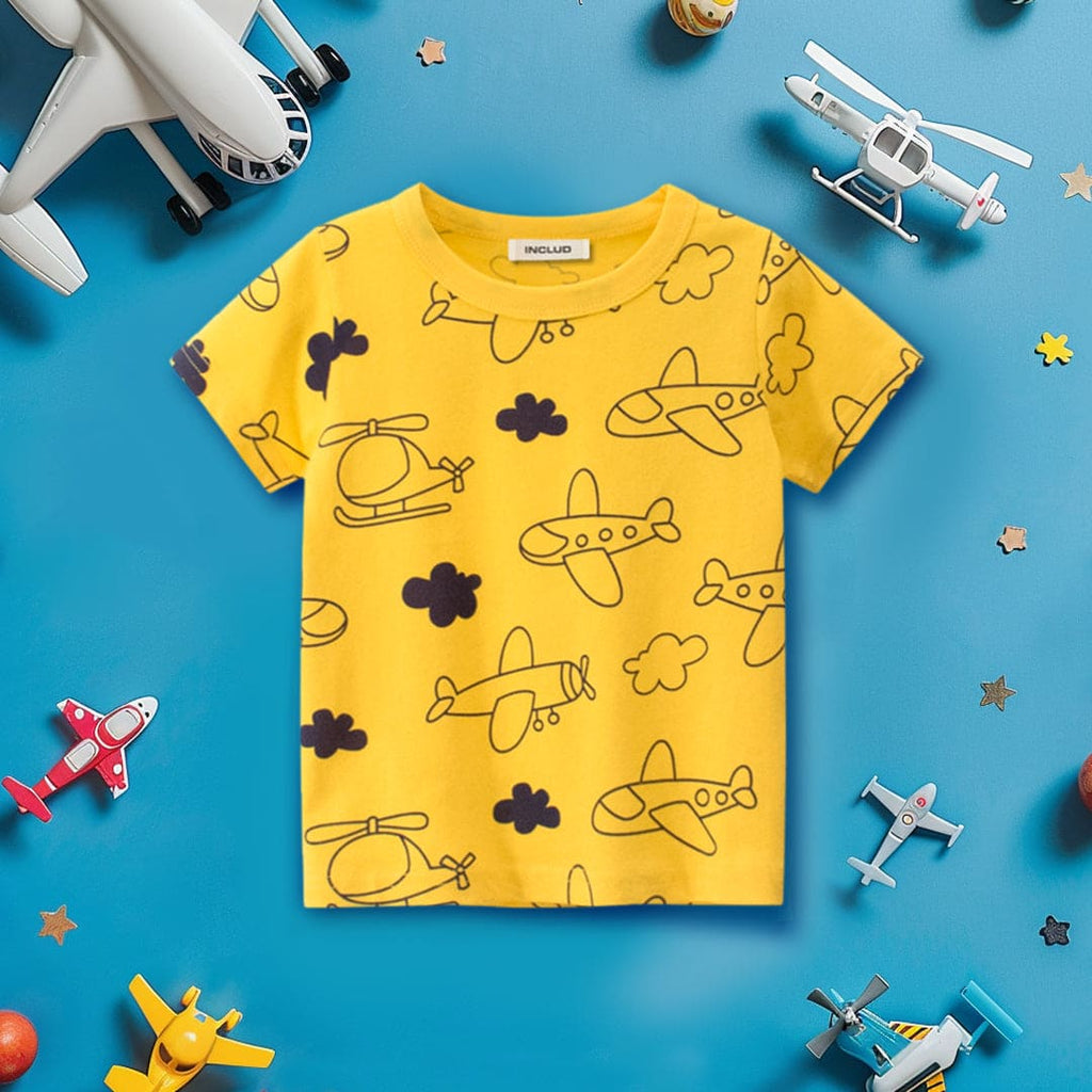 Boys Airplane Printed Short Sleeves T-Shirt Tshirts Golden 1-2 Y 