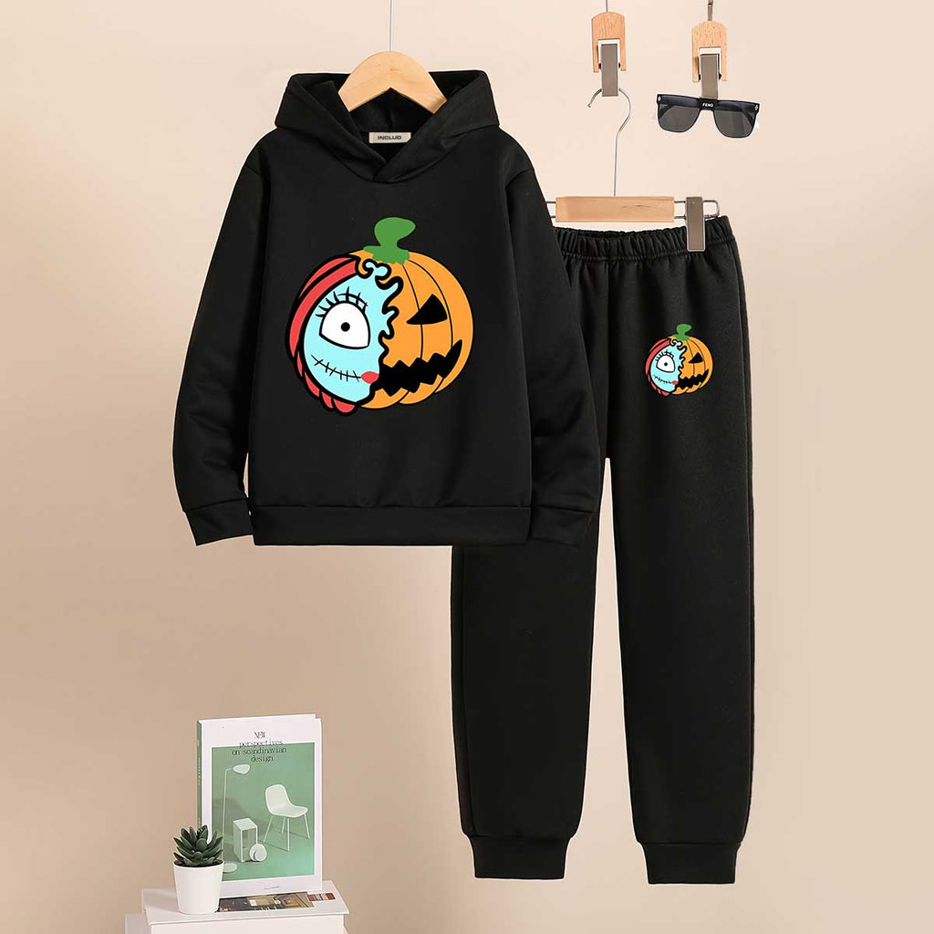 Boys Black Halloween Pumpkin Printed Hooded Sweatshirt With Joggers Co-ord Set 2 pc. Sets Black 7-8 Y