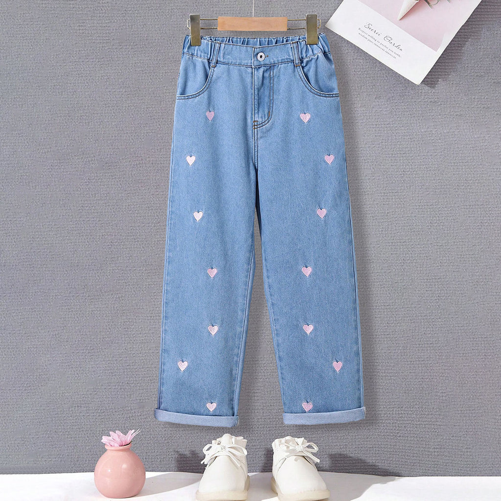 Girls Light Blue Heart Embroidered Denim Pants Jeans Light Blue 7-8 Y