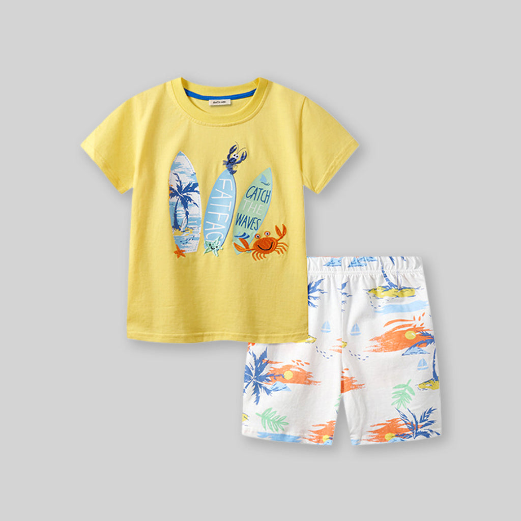 Boys Surf Board Print T-Shirt With Printed Shorts 2 pc. Sets Yellow 1-2 Y 