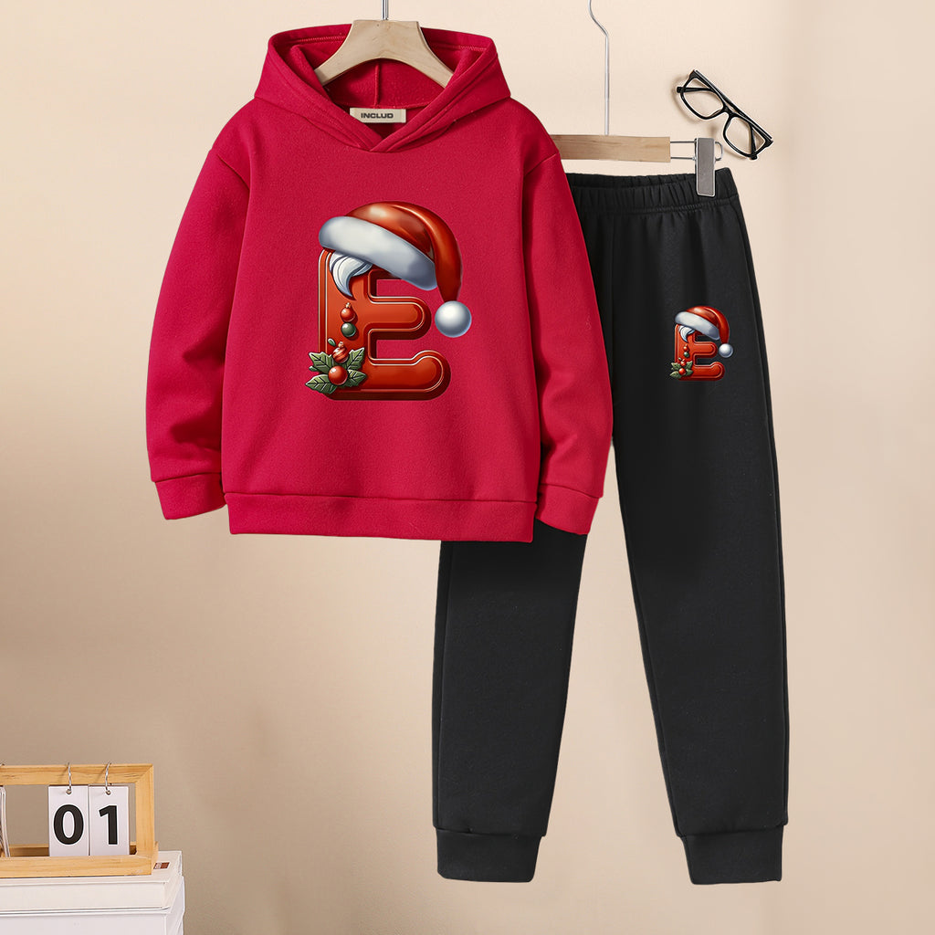 Boys Red Santa Cap Printed Hooded Sweatshirt with Joggers Set Sets Red 5-6 Y