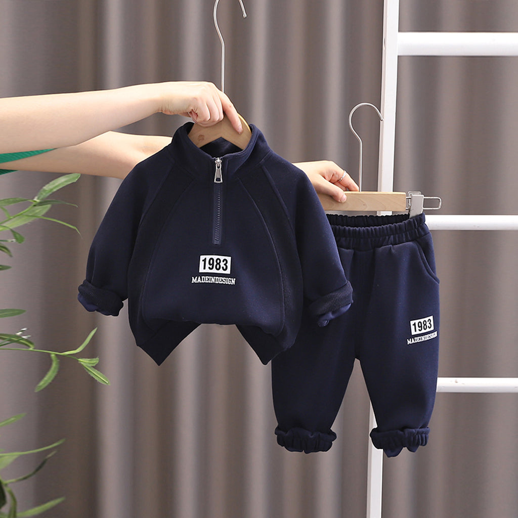 Boys Navy Blue High Neck Sweatshirt with Joggers Co-ord Set Sets Navy Blue 1-2 Y
