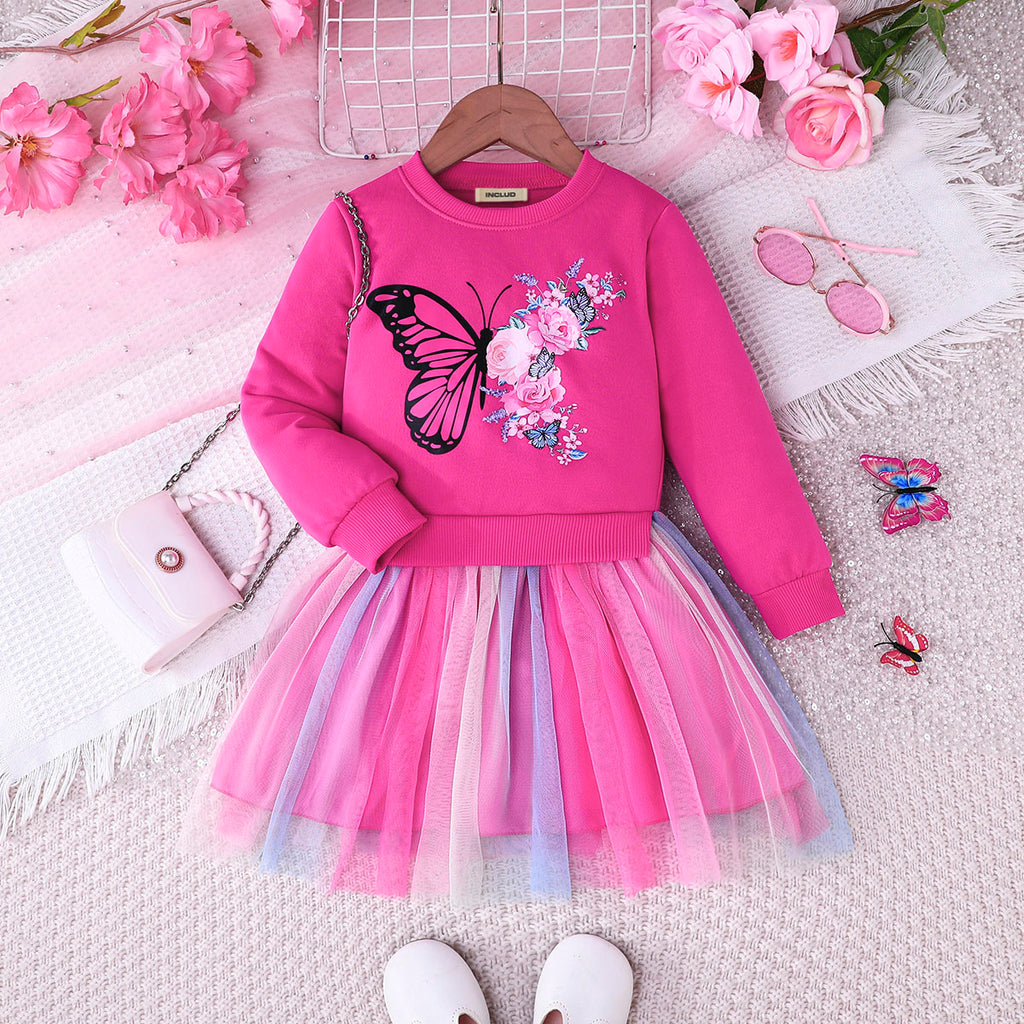 Girls Dark Pink Rose Printed Sweatshirt Tulle Overlay Dress Casual Dresses Dark Pink 3-4 Y