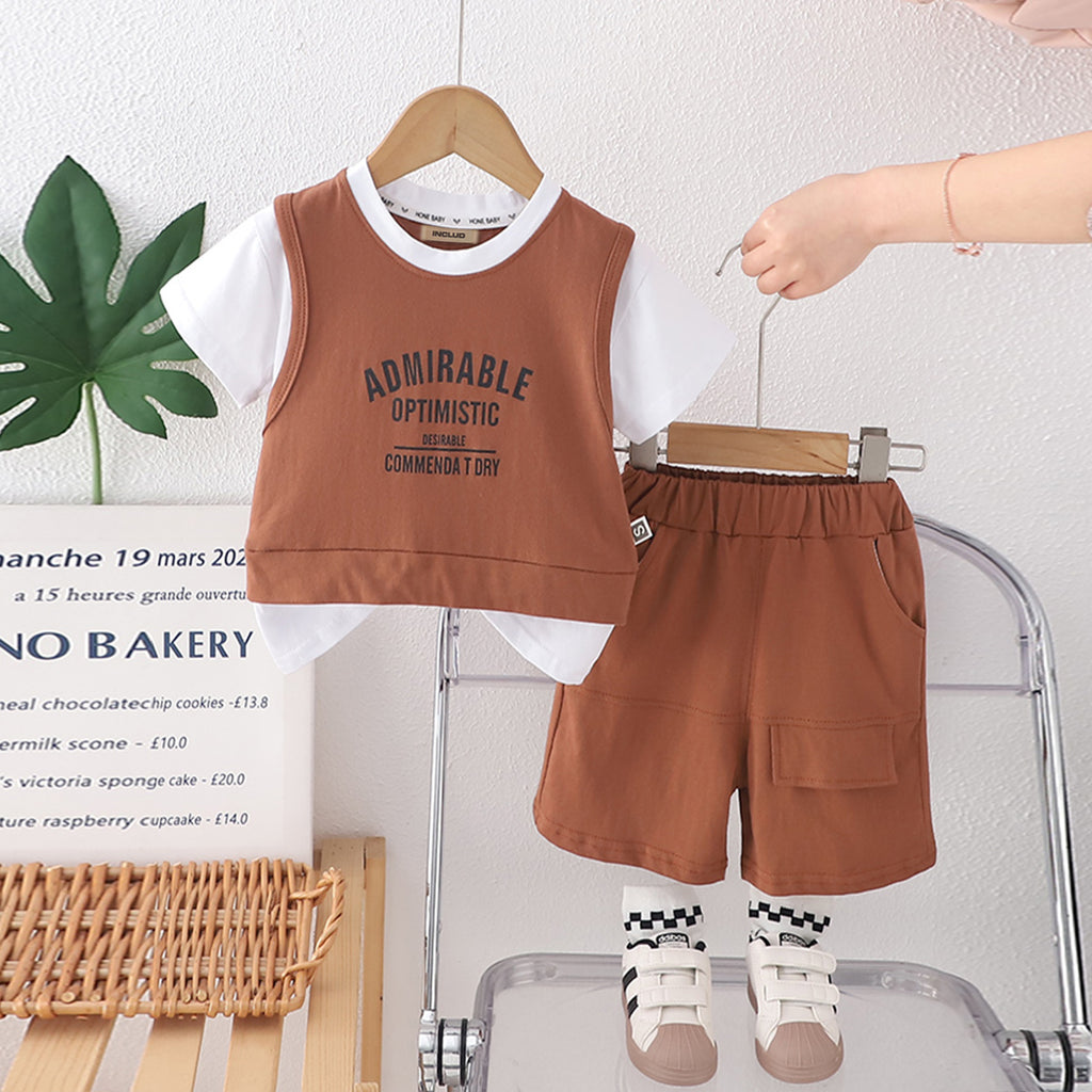 Boys Brown Typographic Printed Sleeveless T-Shirt With Shorts Set 2 pc. Sets Brown 1-2 Y