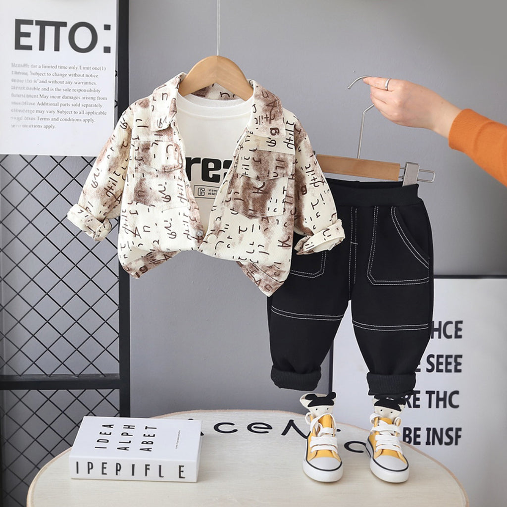 Boys Brown Abstract Printed Shirt With T-Shirt and Pants Sets Brown 1-2 Y