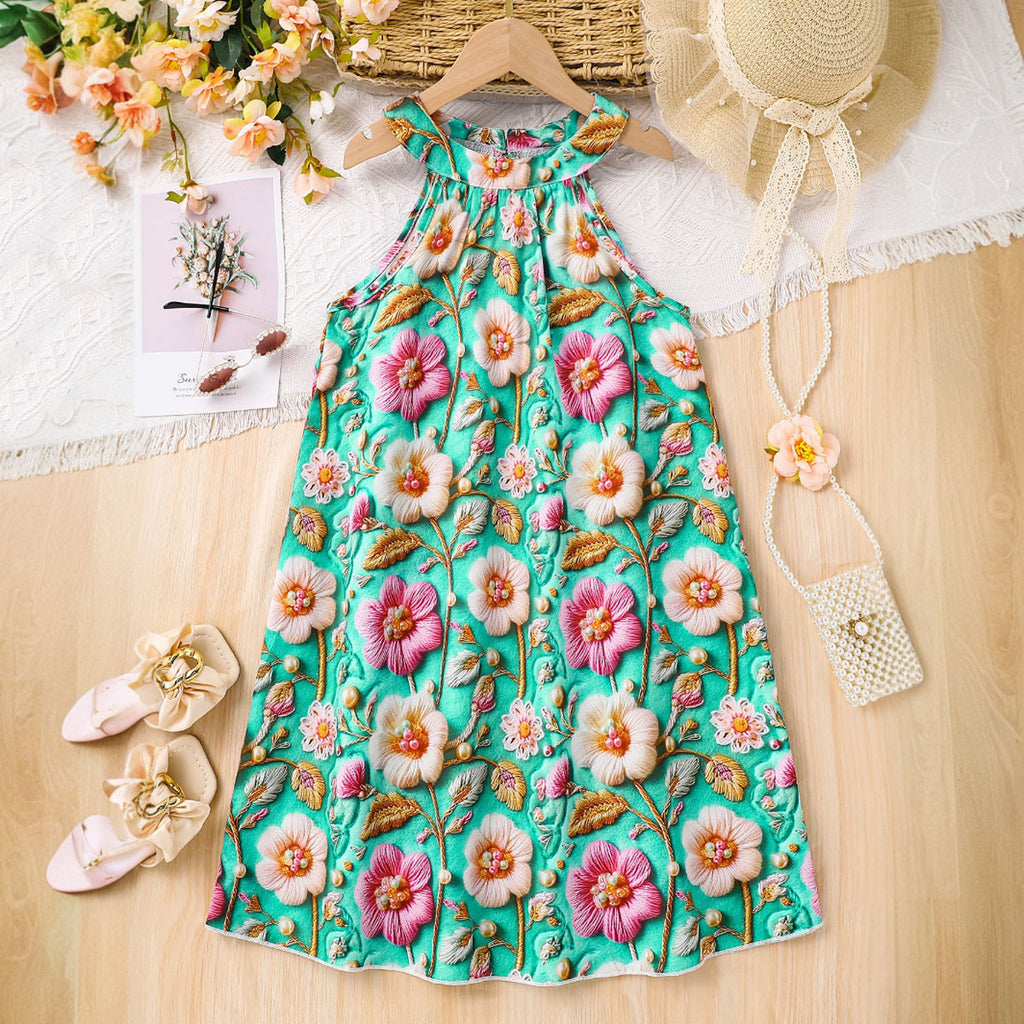 Girls Sea Green Floral Printed Halter Neck Casual Dress Casual Dresses Sea Green 3-4 Y