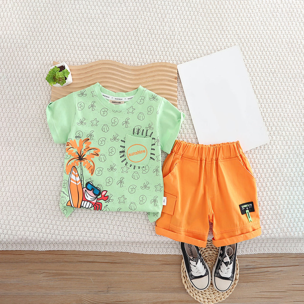 Boys Light Green Tropical Printed T-Shirt With Shorts Set 2 pc. Sets Light Green 1-2 Y