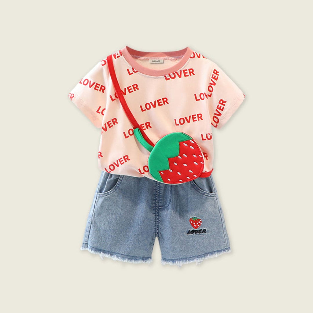 Girls Pink Strawberry Applique T-Shirt With Denim Shorts Sets Pink 1-2 Y 