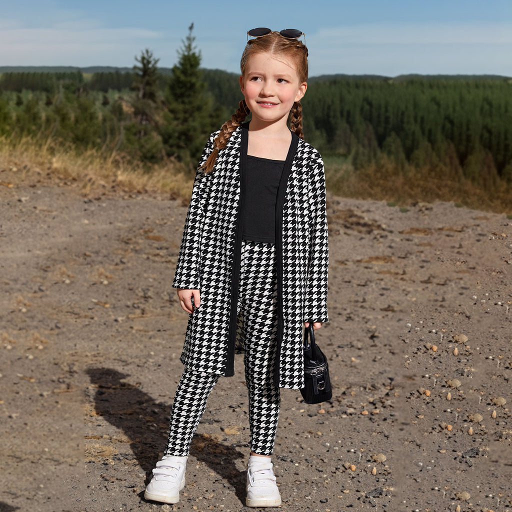 Girls Black Houndstooth Print Long Cardigan with Leggings & Spaghetti Top Set Sets Black 3-4 Y