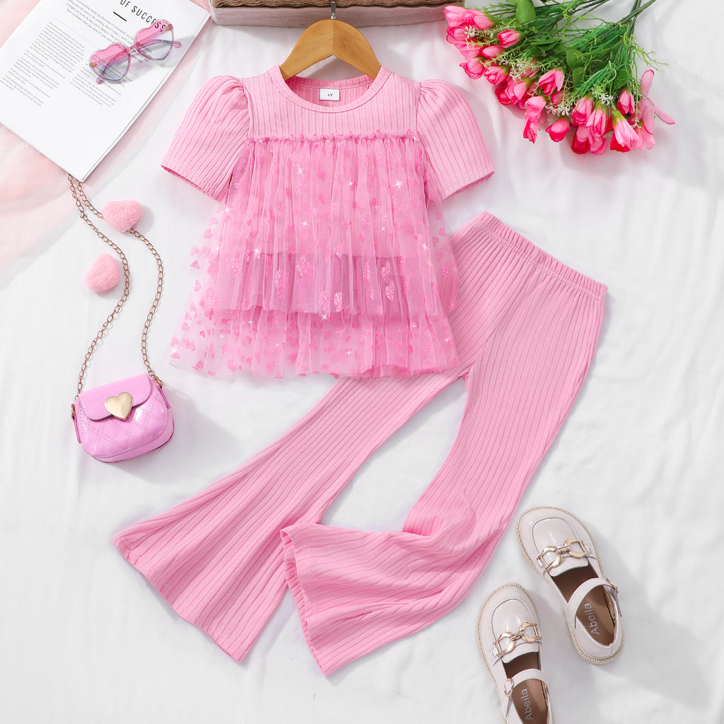 Girls Pink Heart Sequin Top With Elasticated Flared Pants 2 pc. Sets Pink 2-3 Y