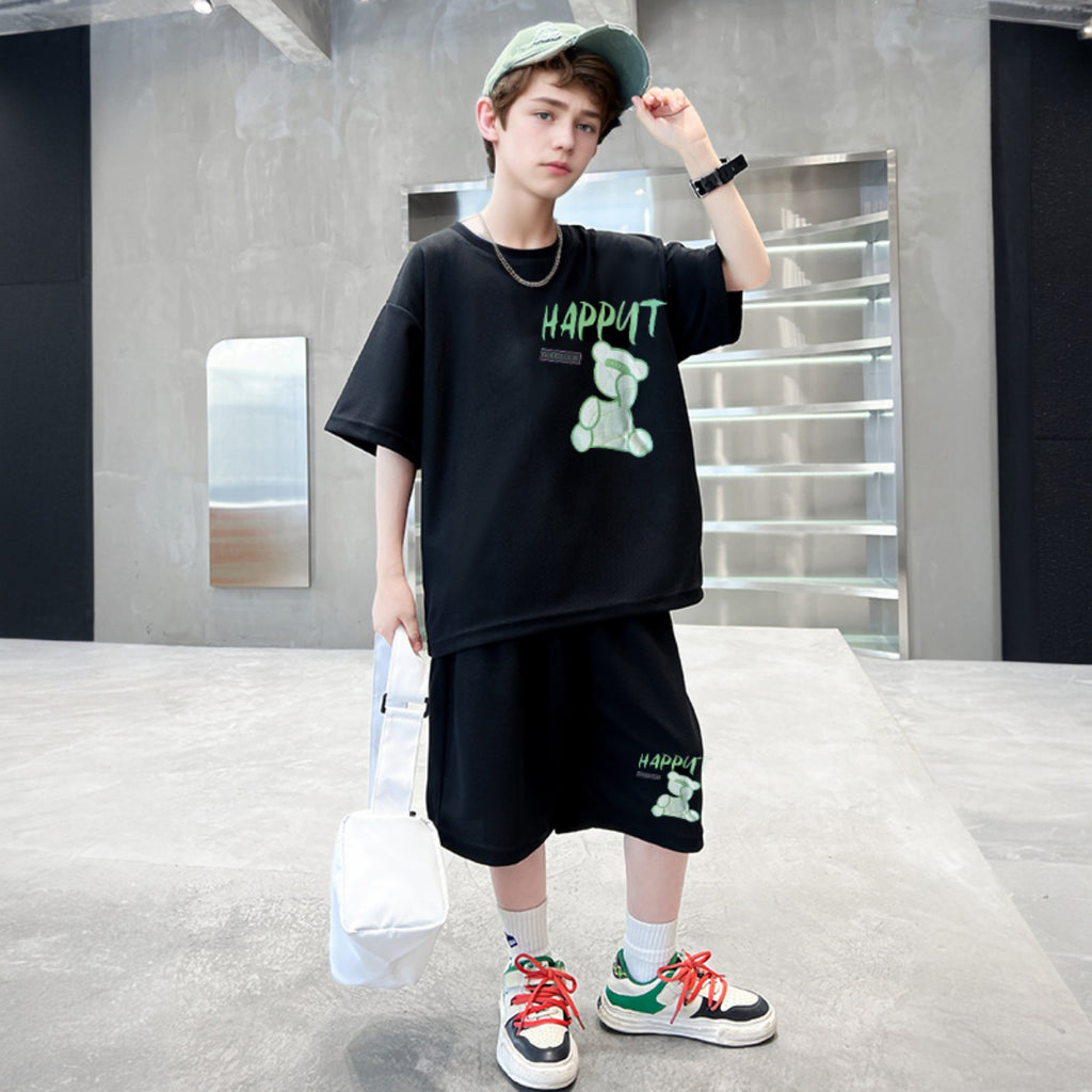 Boys Black Elephant Printed Summer Oversized T-Shirt With Shorts Set 2 pc. Sets Black 5-6 Y