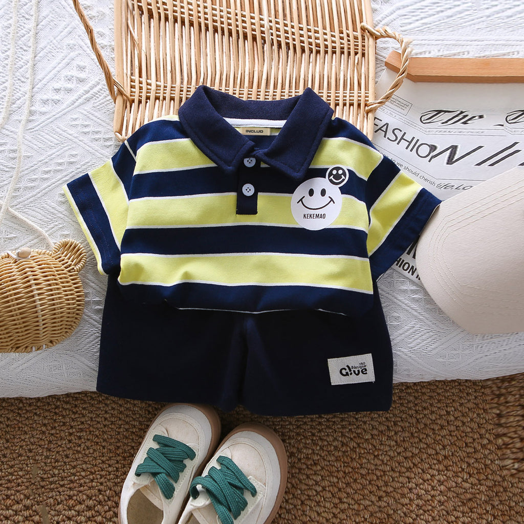 Boys Navy Blue Striped Short Sleeves Polo T-Shirt With Shorts Set 2 pc. Sets Navy Blue 1-2 Y
