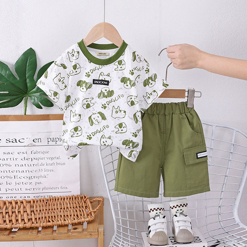 Boys Green Dog Printed Short Sleeves T-shirt With Shorts Set Sets Green 1-2 Y