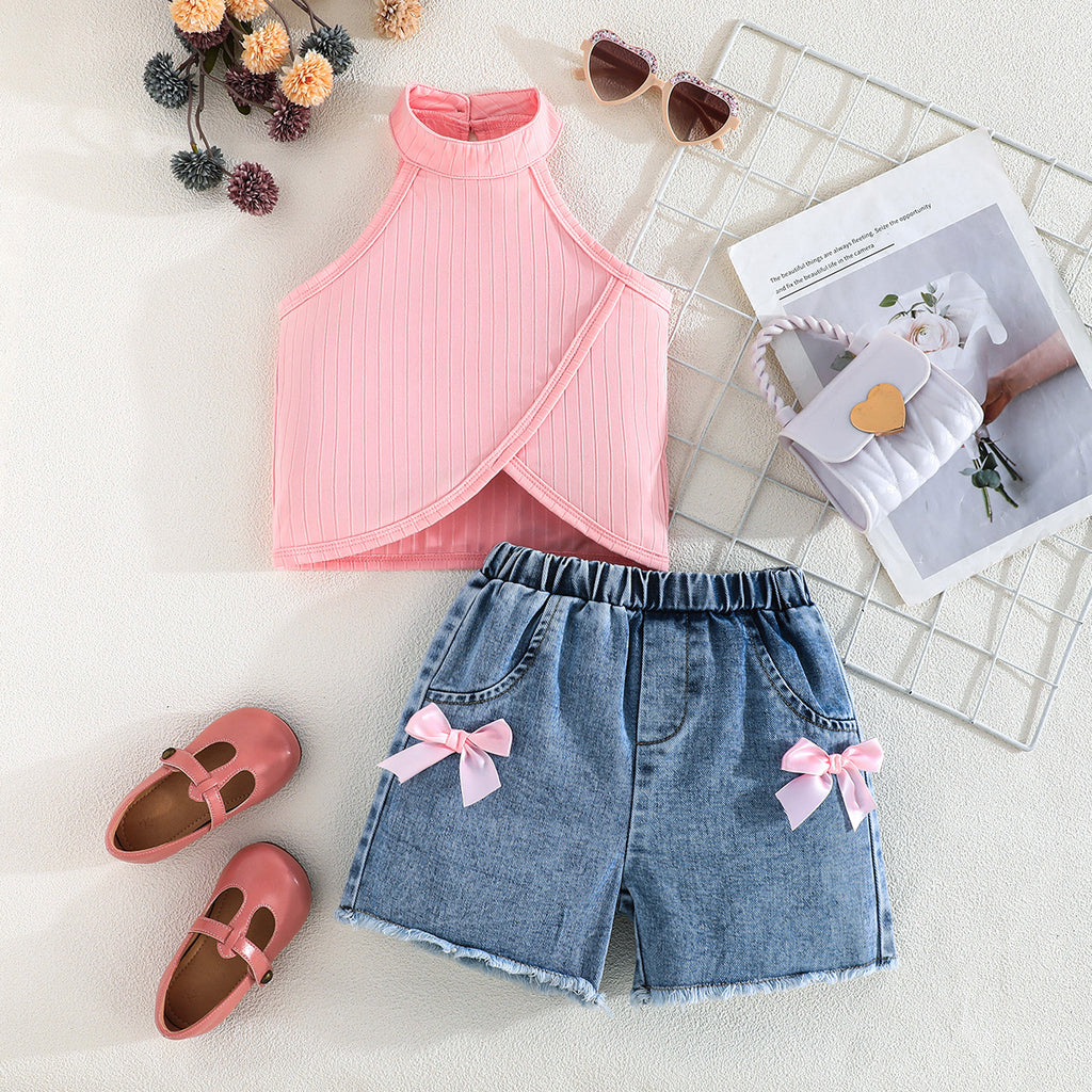 Girls Pink Self Designed Stripes Summer Top With Denim Shorts Set 2 pc. Sets