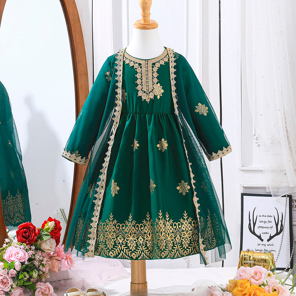 Girls Green Border Floral Print Long Sleeves Dress Casual Dresses Green 3-4 Y