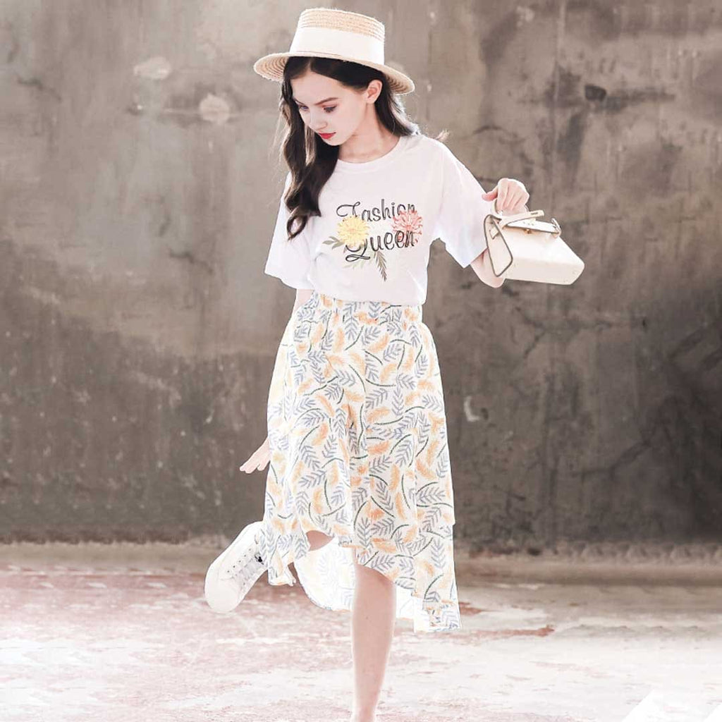 Girls Fashion Queen Print T-Shirt With Leaf Printed Skirts Set 2 pc. Sets White 5-6 Y 