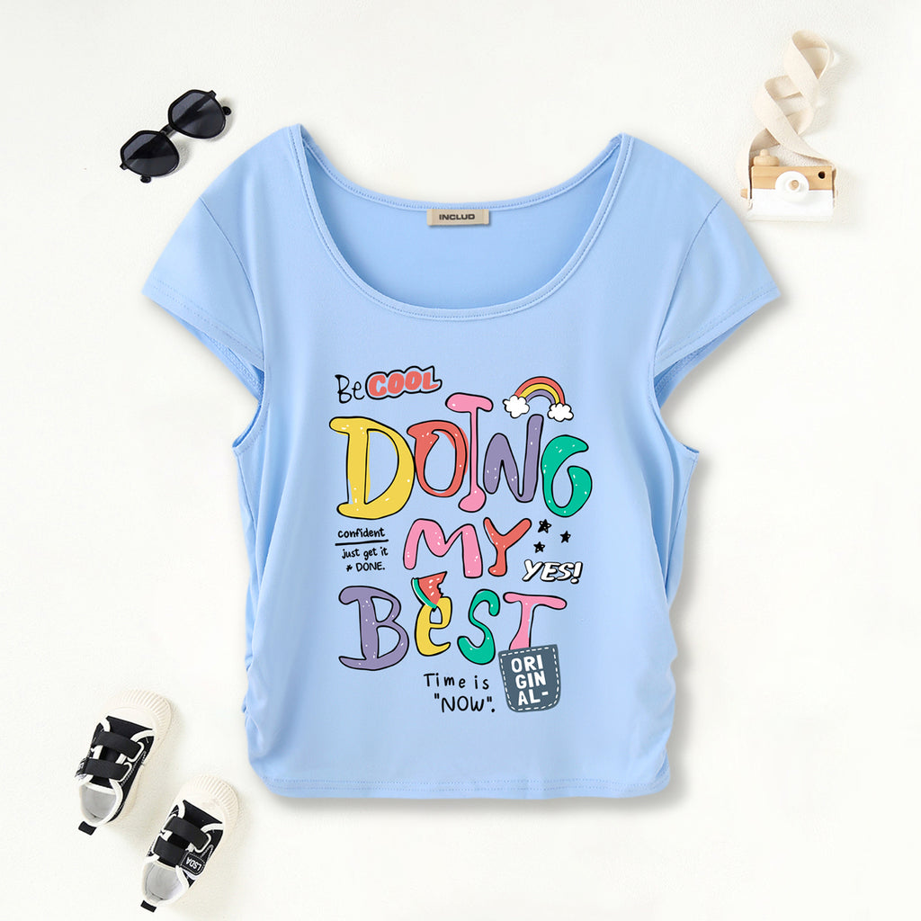 Girls Light Blue Typographic Print Short Sleeves Scoop Neck T-Shirt Tshirts Light Blue 7-8 Y
