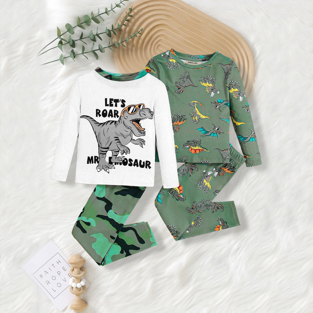 Boys Green Dinosaur Graphic T-shirt With Pajamas Set ( Pack of 2 ) Sets Multicolor 3-4 Y