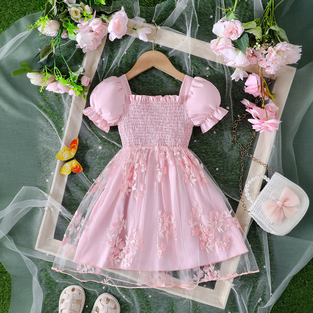 Girls Light Pink Floral Embroidered Smocked Fit And Flared Dress Casual Dresses Light Pink 3-4 Y