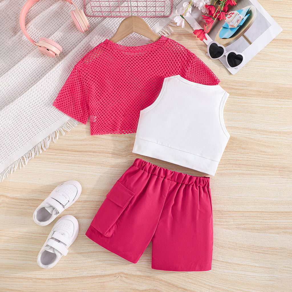 Girls Pink Mesh Short Sleeves Top With Tank Top And Shorts Set Sets Pink 2-3 Y