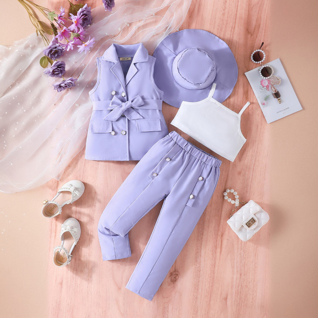 Girls Purple Sleeveless Jacket With Camisole Top And Pants Sets 3 pc. Sets Purple 3-4 Y