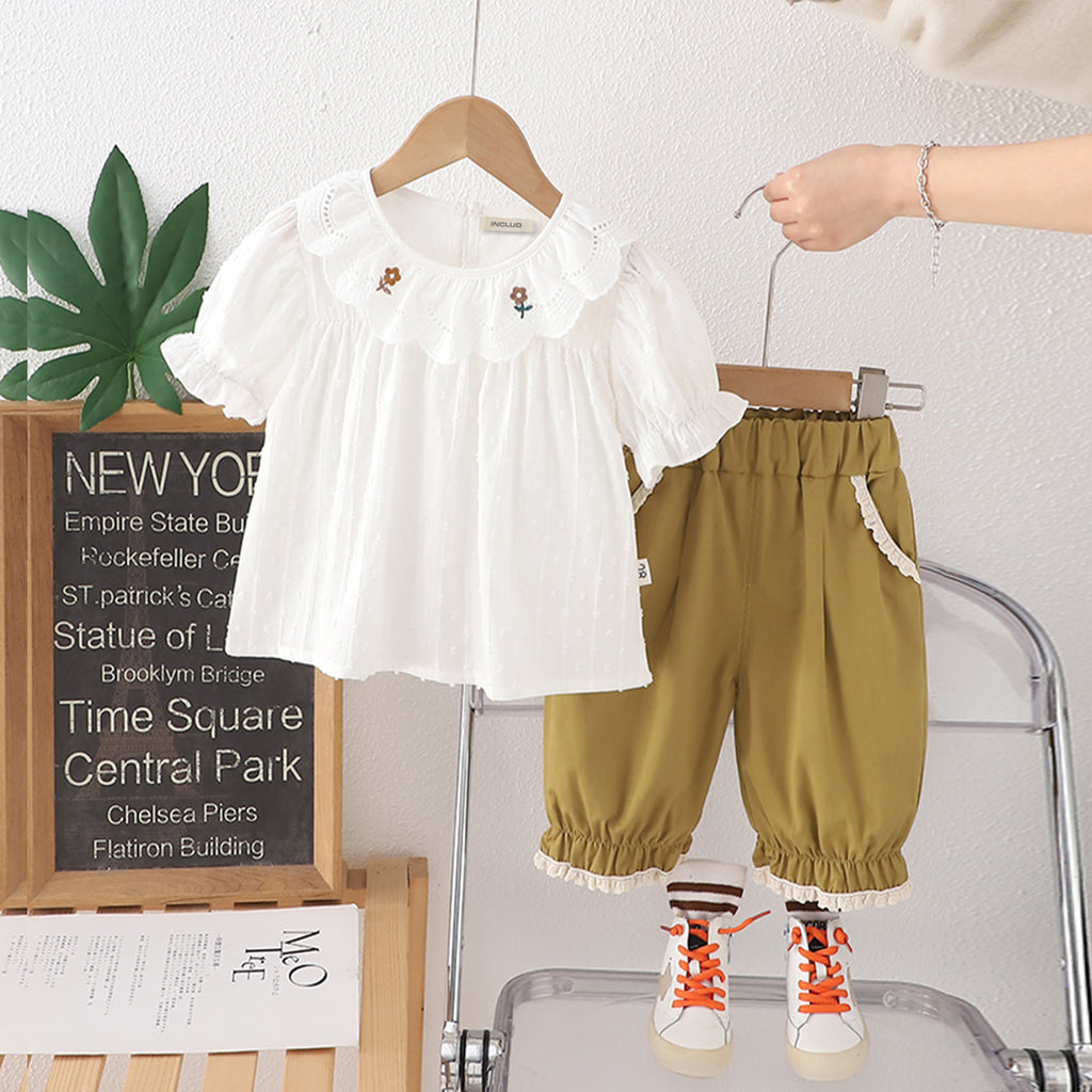 Girls White Short Sleeves Top With Khaki Pants Set 2 pc. Sets Khaki 1-2 Y